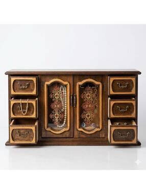 VTG MCM Wooden Jewelry Box Armoire Floral Etching Organizer Cabinet 20" x 7.5"